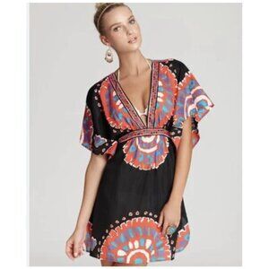 Trina Turk Yucateca Tunic Swim Cover Dress Size S Black Red Multi Short Caftan